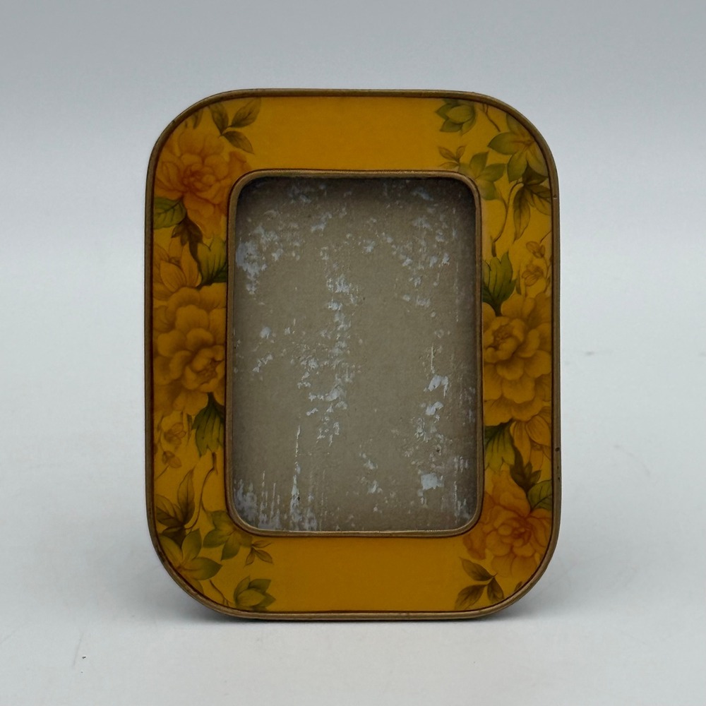 Vintage Yellow Floral Small Picture Frame Gold Trim Wood Easel Back 5x3.75